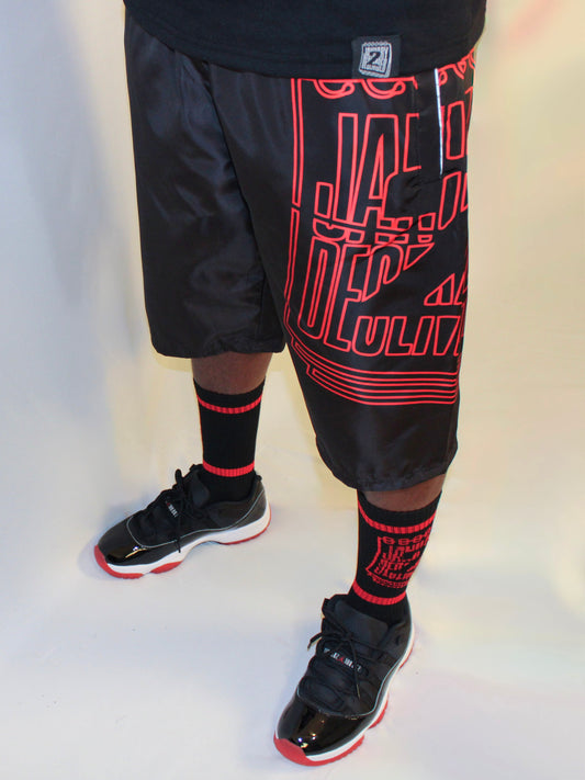 J2D "96 Bulls" Blk/Red Nylon Shorts